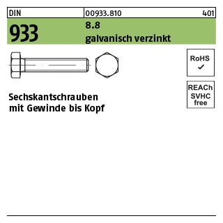 100 Stück, DIN 933 8.8 galvanisch verzinkt Sechskantschrauben mit Gewinde bis Kopf - Abmessung: M 12 x 35