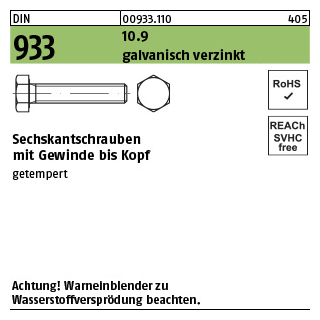 DIN 933 10.9 galvanisch verzinkt Sechskantschrauben mit Gewinde bis Kopf - Abmessung: M 16 x 280, Inhalt: 10 Stück