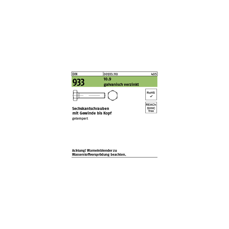 Index d93312040-Vollgewinde Sechskant Schraube METRICO din-933 verzinkt M12 x 40