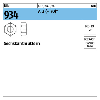 100 Stück, DIN 934 A 2 - 70 Sechskantmuttern - Abmessung: M 3*