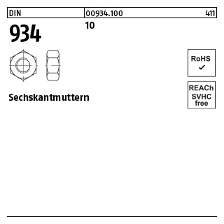 100 Stück, DIN 934 10 Sechskantmuttern - Abmessung: M 4