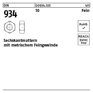100 Stück, DIN 934 10 Fein Sechskantmuttern mit metrischem Feingewinde - Abmessung: M 8 x 1