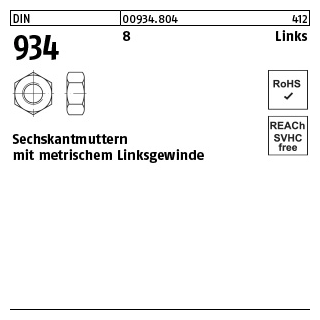 50 Stück, DIN 934 8 Links Sechskantmuttern mit metrischem Linksgewinde - Abmessung: M 16 -LH