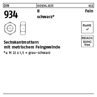50 Stück, DIN 934 8 Fein schwarz Sechskantmuttern mit metrischem Feingewinde - Abmessung: M 24 x 1,5