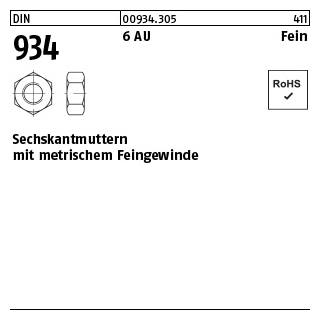 1 Stück, DIN 934 6 AU Fein Sechskantmuttern mit metrischem Feingewinde - Abmessung: M 72 x 2