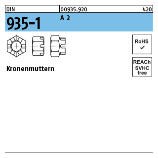 50 Stück, DIN 935-1 A 2 Kronenmuttern - Abmessung: M 6