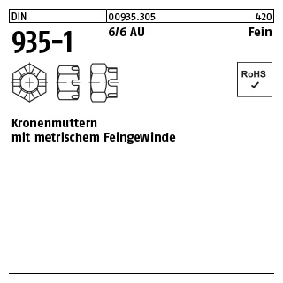 100 Stück, DIN 935-1 6 Fein Kronenmuttern mit metrischem Feingewinde - Abmessung: M 8 x 1