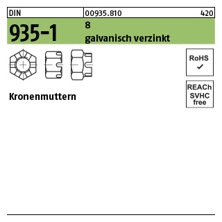 100 Stück, DIN 935-1 8 galvanisch verzinkt Kronenmuttern - Abmessung: M 8