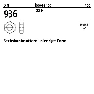 100 Stück, DIN 936 22 H Sechskantmuttern, niedrige Form - Abmessung: M 8