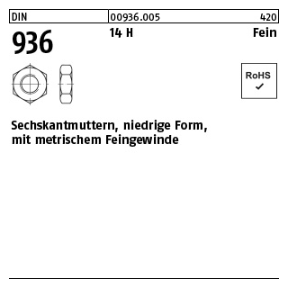 100 Stück, DIN 936 14 H Fein Sechskantmuttern, niedrige Form mit metrischem Feingewinde - Abmessung: M 10 x 1,25