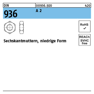 50 Stück, DIN 936 A 2 Sechskantmuttern, niedrige Form - Abmessung: M 10