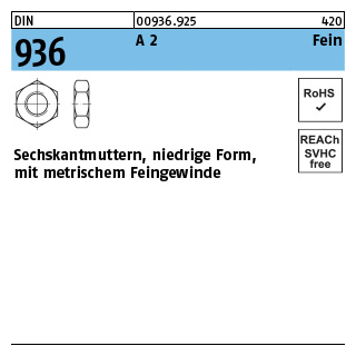 50 Stück, DIN 936 A 2 Fein Sechskantmuttern, niedrige Form mit metrischem Feingewinde - Abmessung: M 12 x 1,5