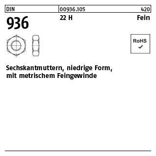 100 Stück, DIN 936 22 H Fein Sechskantmuttern, niedrige Form mit metrischem Feingewinde - Abmessung: M 14 x 1,5