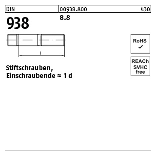 10 Stück, DIN 938 8.8 Stiftschrauben, Einschraubende = 1 d - Abmessung: M 20 x 90