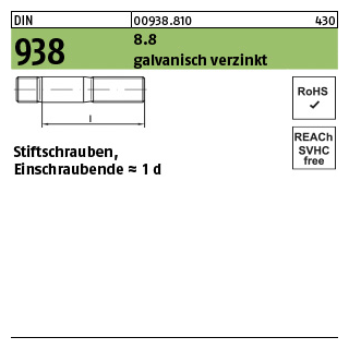 1 Stück, DIN 938 8.8 galvanisch verzinkt Stiftschrauben, Einschraubende = 1 d - Abmessung: M 24 x 75