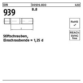 100 Stück, DIN 939 8.8 Stiftschrauben, Einschraubende = 1,25 d - Abmessung: M 6 x 16