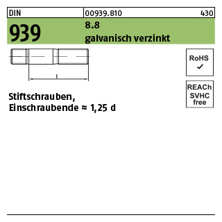 25 Stück, DIN 939 8.8 galvanisch verzinkt Stiftschrauben, Einschraubende = 1,25 d - Abmessung: M 12 x 75