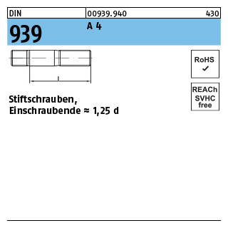 DIN 939 A 4 Stiftschrauben, Einschraubende = 1,25 d - Abmessung: M 16 x 35 VE= (10 Stück)