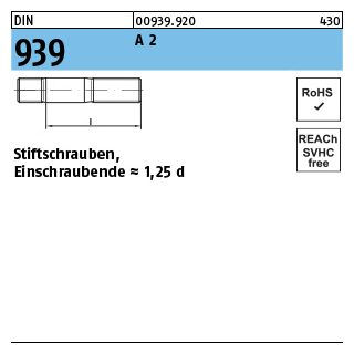 10 Stück, DIN 939 A 2 Stiftschrauben, Einschraubende = 1,25 d - Abmessung: M 16 x 90