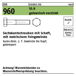 100 Stück, DIN 960 10.9 galvanisch verzinkt Sechskantschrauben mit Schaft, mit metrischem Feingewinde - Abmessung: M 12 x1,5 x 45
