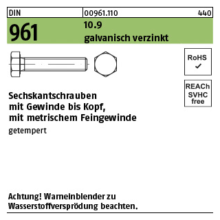 DIN 961 10.9 galvanisch verzinkt Sechskantschrauben mit Gewinde bis Kopf, mit metrischem Feingewinde - Abmessung: M 8 x1 x 35 VE= (200 Stück)
