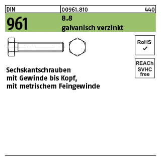 DIN 961 8.8 galvanisch verzinkt Sechskantschrauben mit Gewinde bis Kopf, mit metrischem Feingewinde - Abmessung: M 10 x1 x 16 VE= (200 Stück)