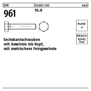100 Stück, DIN 961 10.9 Sechskantschrauben mit Gewinde bis Kopf, mit metrischem Feingewinde - Abmessung: M 10 x1,25x 35
