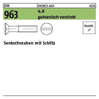 200 Stück, DIN 963 4.8 galvanisch verzinkt Senkschrauben mit Schlitz - Abmessung: M 2 x 4