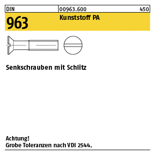 200 Stück, DIN 963 Kunststoff PA Senkschrauben mit Schlitz - Abmessung: M 3 x 6