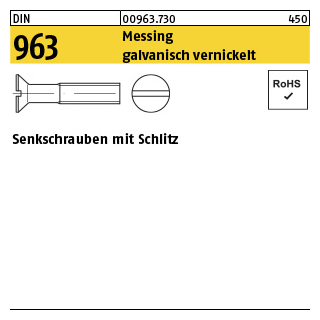 200 Stück, DIN 963 Messing galvanisch vernickelt Senkschrauben mit Schlitz - Abmessung: M 3 x 10