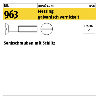 Senkschrauben mit Schlitz - ISO 2009/DIN 963 - Messing galvanisch vernickelt - M6x10 - 200 Stück