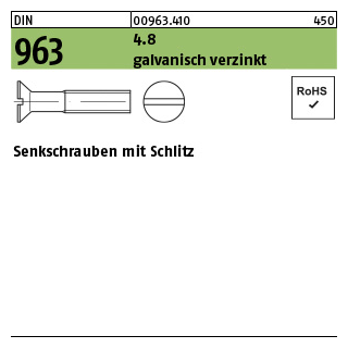 Senkschrauben mit Schlitz - ISO 2009/DIN 963 - Stahl 4.8 galvanisch verzinkt - M10x60 - 100 Stück