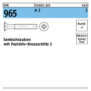 DIN 965 A 2 Z Senkschrauben mit Pozidriv-Kreuzschlitz Z - Abmessung: M 1,6x 3 -Z  VE = 2000 Stück