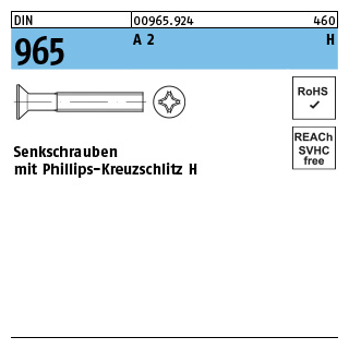 1000 Stück, DIN 965 A 2 H Senkschrauben mit Phillips-Kreuzschlitz H - Abmessung: M 3 x 5 -H