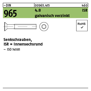 1000 Stück, ~DIN 965 4.8 ISR galvanisch verzinkt Senkschrauben, mit Innensechsrund - Abmessung: M 5 x 20 -T25