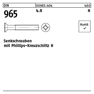 500 Stück, DIN 965 4.8 H Senkschrauben mit Phillips-Kreuzschlitz H - Abmessung: M 6 x 35 -H