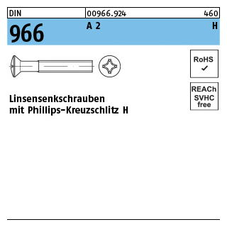 1000 Stück, DIN 966 A 2 H Linsensenkschrauben mit Phillips-Kreuzschlitz H - Abmessung: M 2,5 x 20 -H