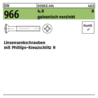 DIN 966 4.8 H galvanisch verzinkt Linsensenkschrauben mit Phillips-Kreuzschlitz H Abmessung: M 3 x 5 -H VE=K (200 Stück)