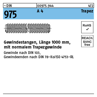 1 Stück, ~DIN 975 A 4 Trapez Gewindestangen, Länge 1000 mm mit normalen Trapezgewinde - Abmessung: TR 16 x 4