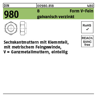 100 Stück, DIN 980 8 Form V-Fein galvanisch verzinkt Sechskantmuttern mit Klemmteil, mit metr. Feingew., Ganzmetallmutter - Abmessung: VM 14 x 1,5