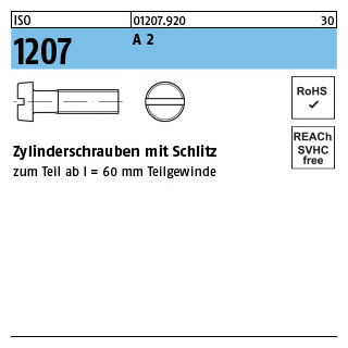 2000 Stück, ISO 1207 A 2 Zylinderschrauben mit Schlitz - Abmessung: M 1 x 2