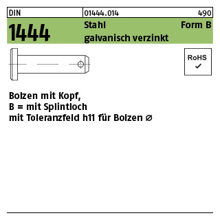 Bolzen mit Kopf und Splintloch - Toleranzfeld h11 - - ISO 2341/DIN 1444 - Form B - Stahl galvanisch verzinkt - B10x50x45,5 - 10 Stück