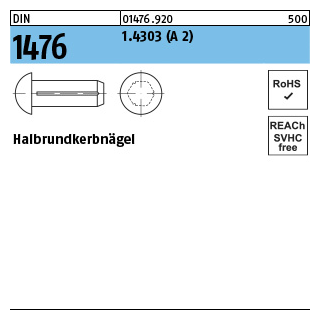 100 Stück, DIN 1476 1.4303 (A 2) Halbrundkerbnägel - Abmessung: 1,4 x 3