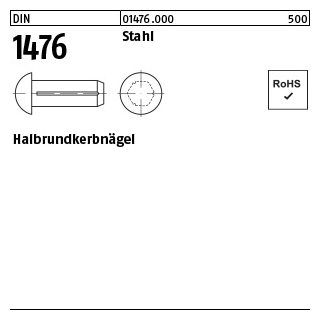 1000 Stück, DIN 1476 Stahl Halbrundkerbnägel - Abmessung: 5 x 12