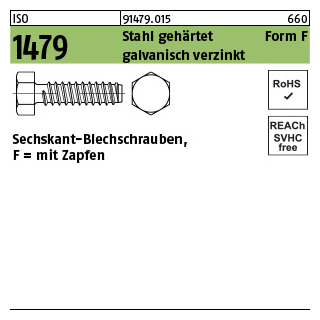 500 Stück, ISO 1479 Stahl, geh. Form F galvanisch verzinkt Sechskant-Blechschrauben, F = mit Zapfen - Abmessung: 4,8 x 16 -F