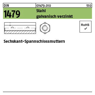 25 Stück, DIN 1479 Stahl galvanisch verzinkt Sechskant-Spannschlossmuttern - Abmessung: M 6