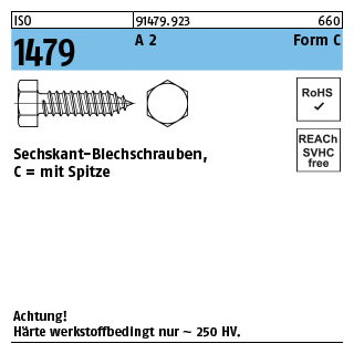 250 Stück, ISO 1479 A 2 Form C Sechskant-Blechschrauben, C = mit Spitze - Abmessung: C 6,3 x 50