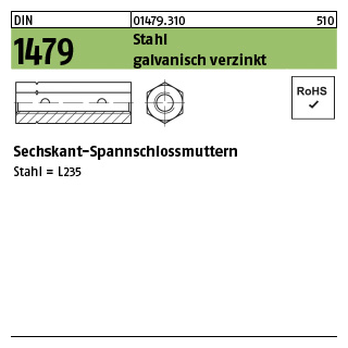 10 Stück, DIN 1479 Stahl galvanisch verzinkt, ÜZ Sechskant-Spannschlossmuttern - Abmessung: M 10 SW 17