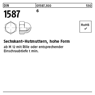 Hutmutter, hoch, DIN 1587, M 6, Stahl verzinkt 6 (1587-M6