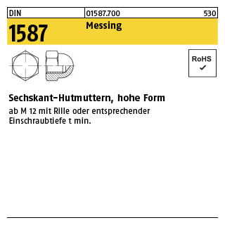 1000 Stück, DIN 1587 Messing Sechskant-Hutmuttern, hohe Form - Abmessung: M 3